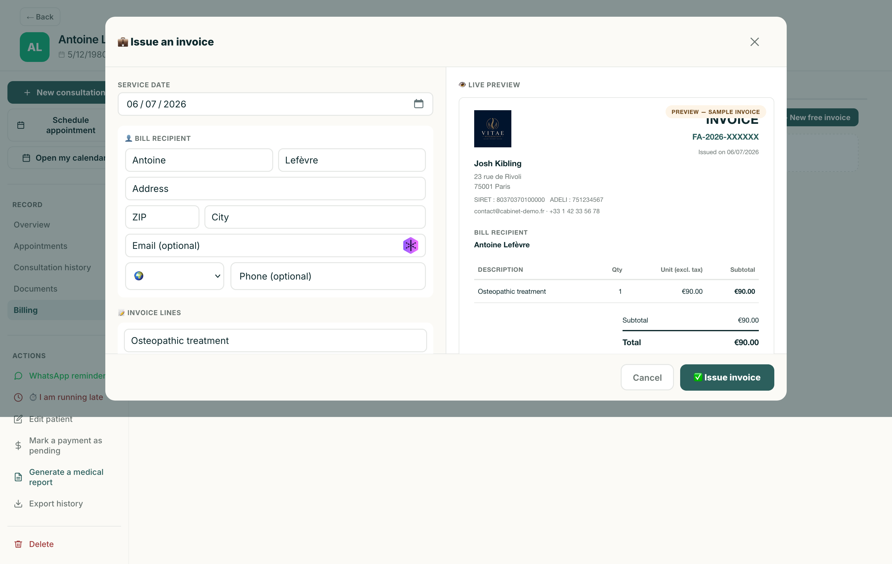 Medikor integrated invoicing — compliant invoices generated from the patient file