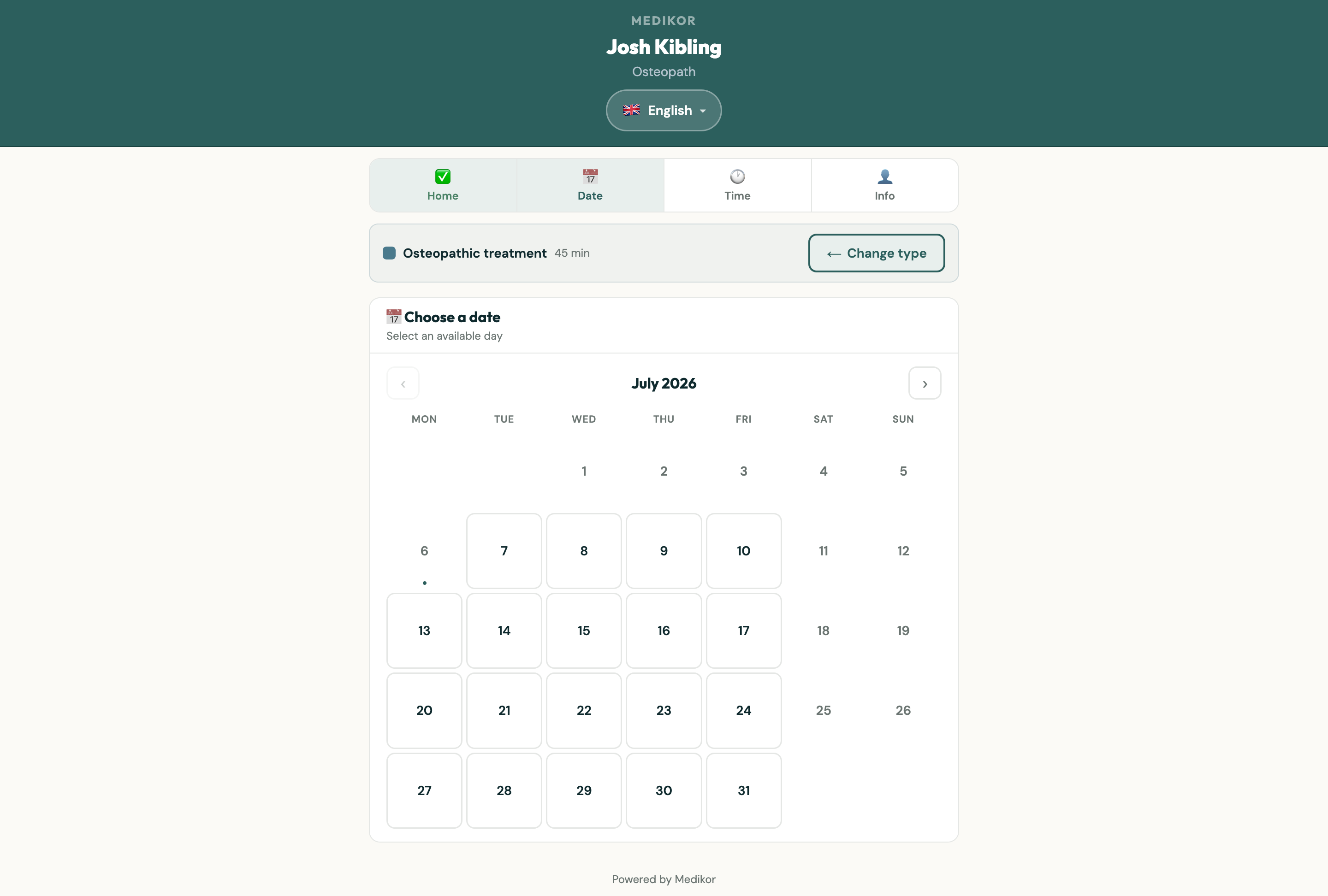 Medikor public booking calendar — patients pick an available date and time slot