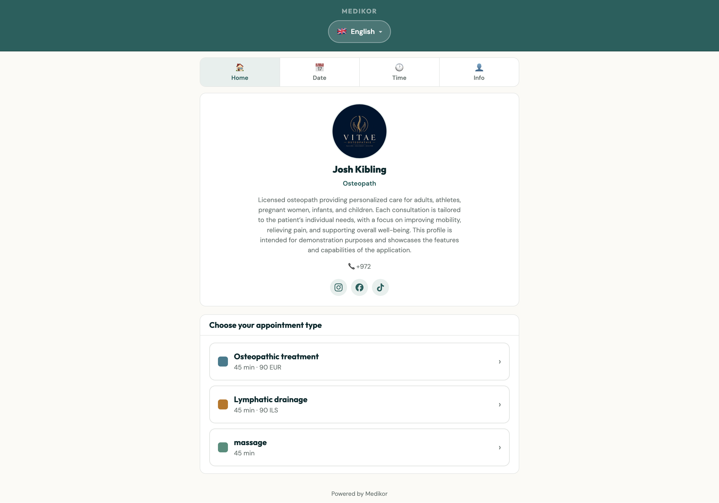 Medikor online booking page for patients to schedule appointments