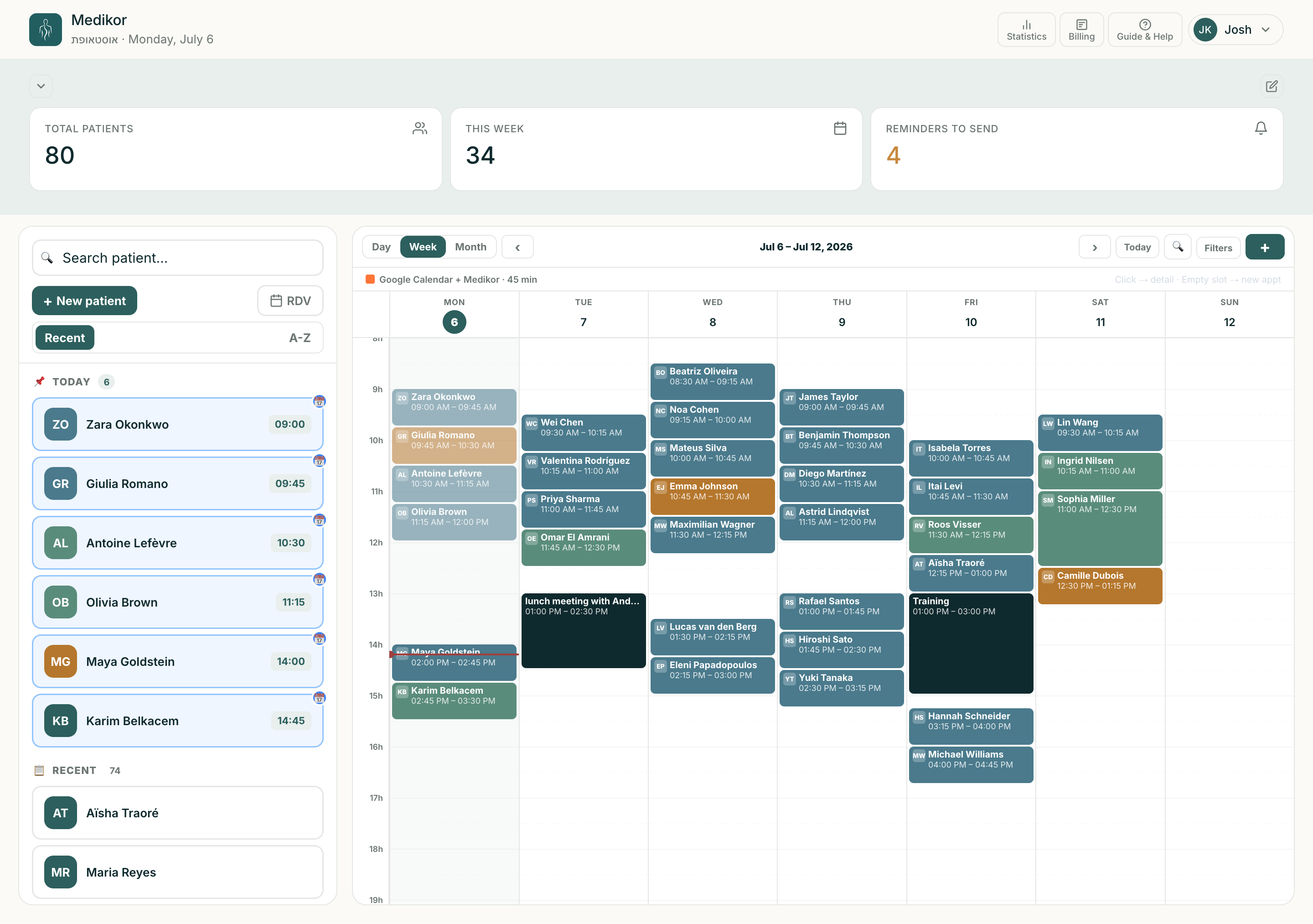 Medikor practice management dashboard showing patient list and appointments overview