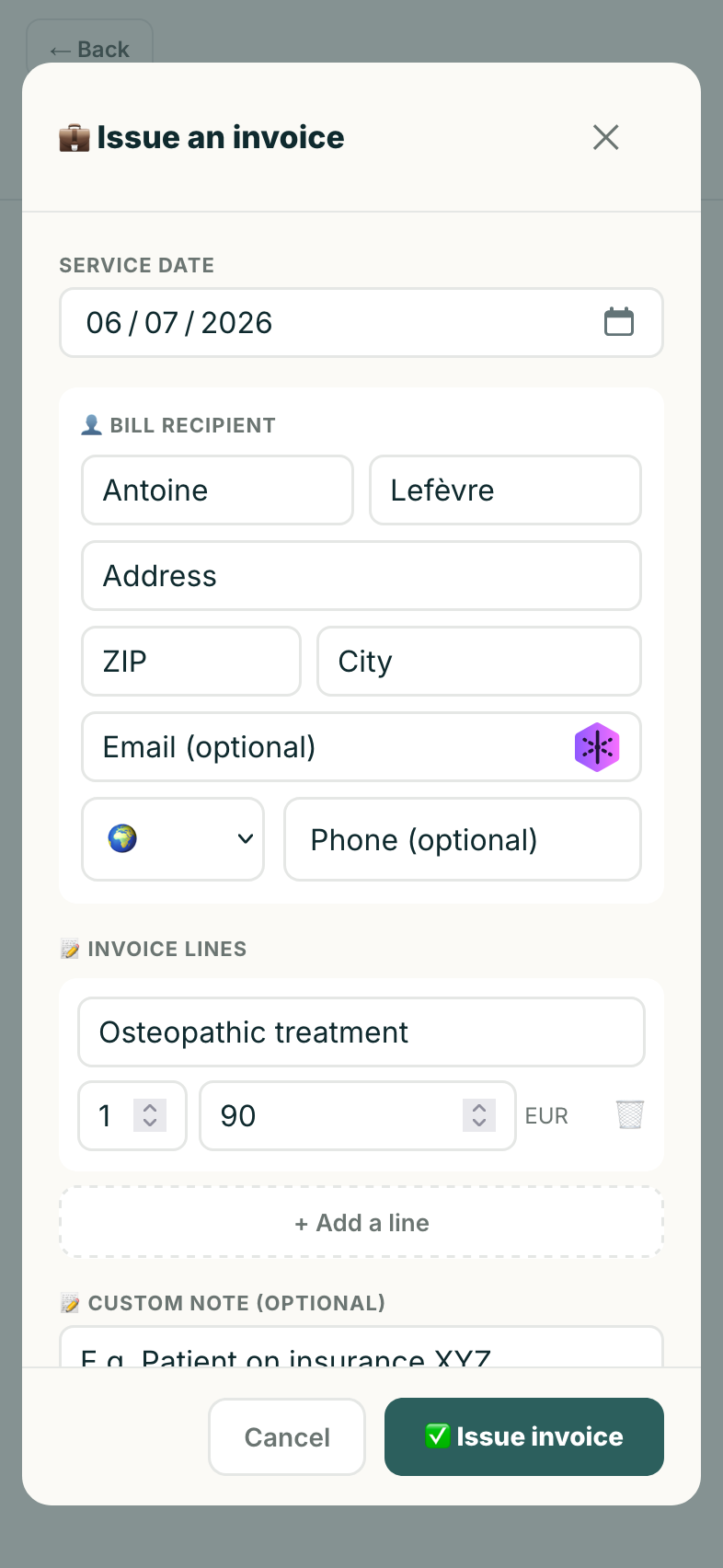 Medikor integrated invoicing — compliant invoices generated from the patient file