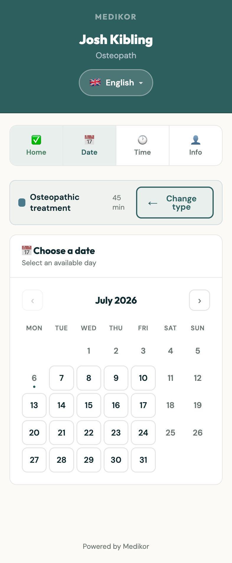 Medikor public booking calendar — patients pick an available date and time slot