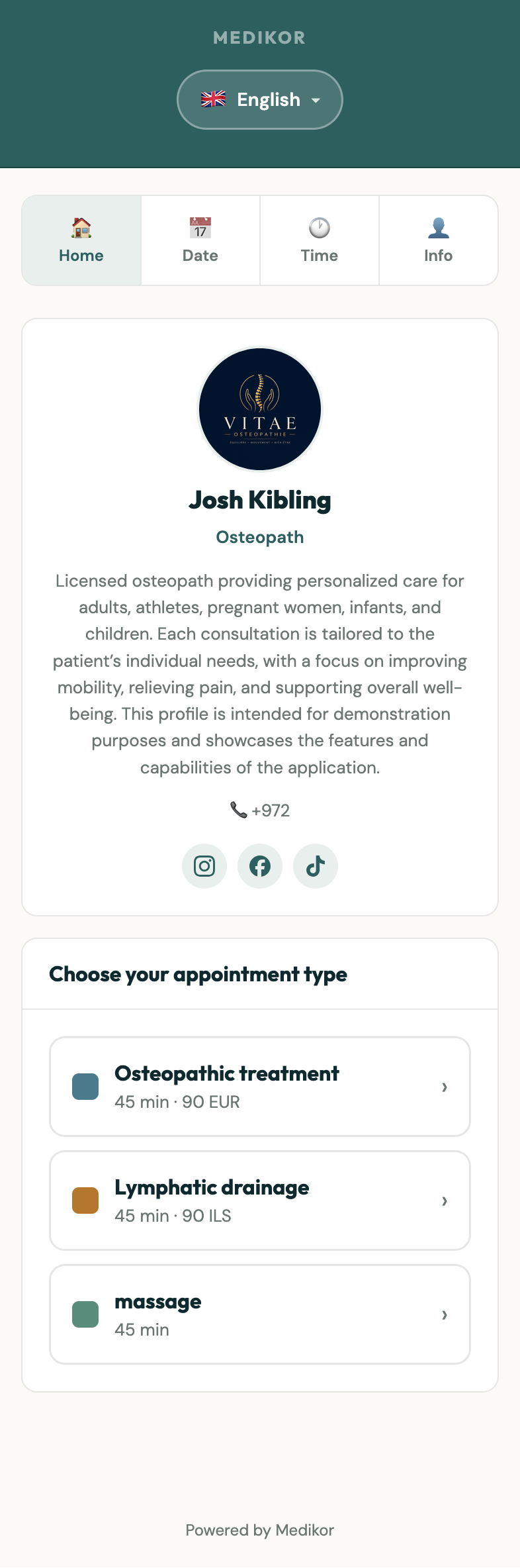 Medikor mobile booking interface for patients to book appointments online
