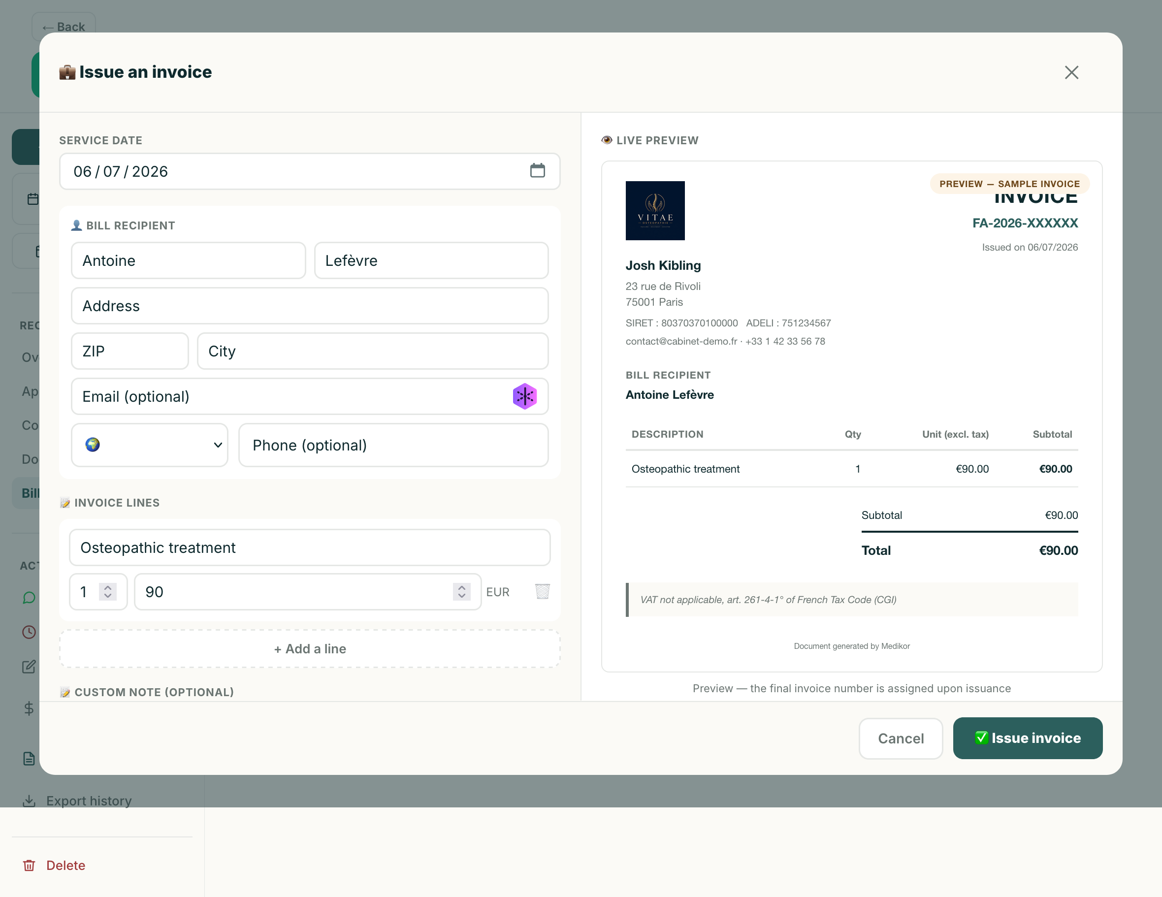 Medikor integrated invoicing — compliant invoices generated from the patient file