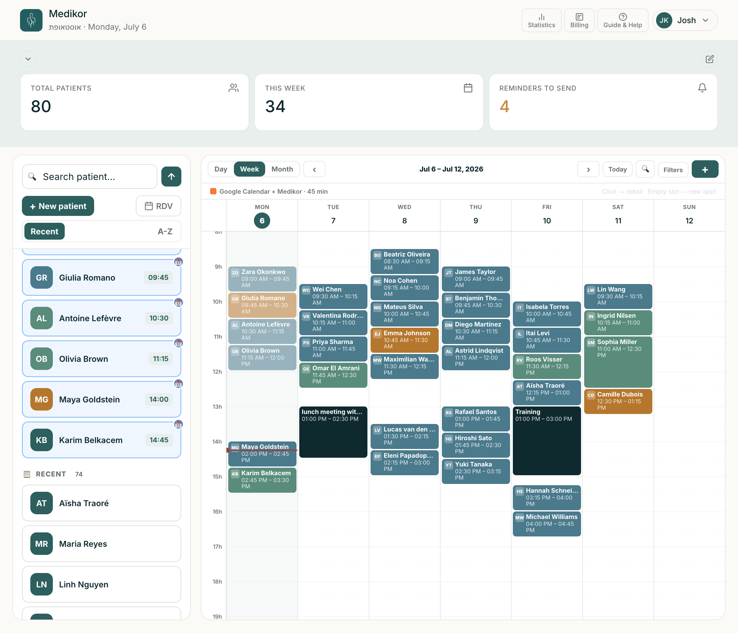 Medikor dashboard on tablet device showing patient management interface