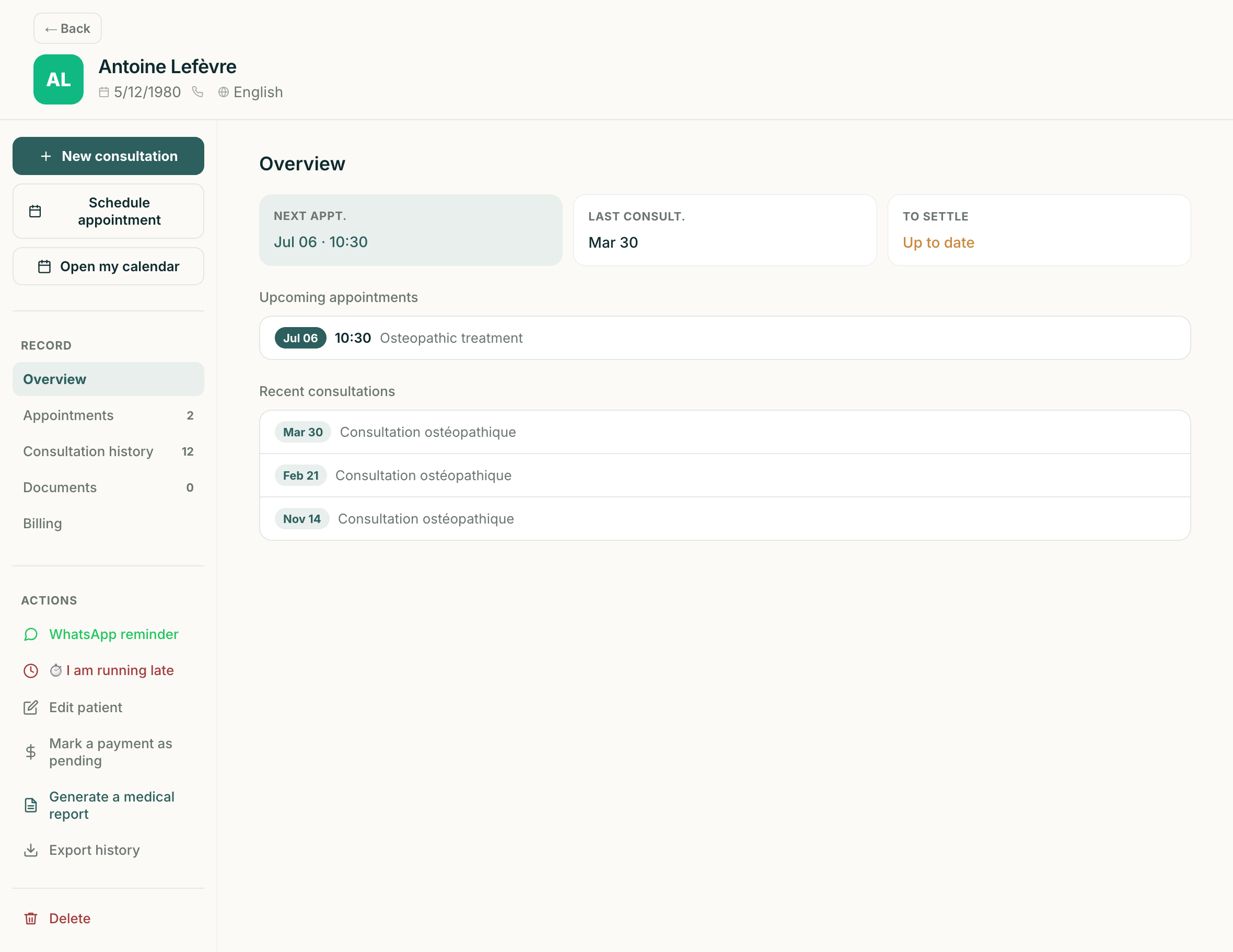 Medikor patient management on tablet showing patient list and search