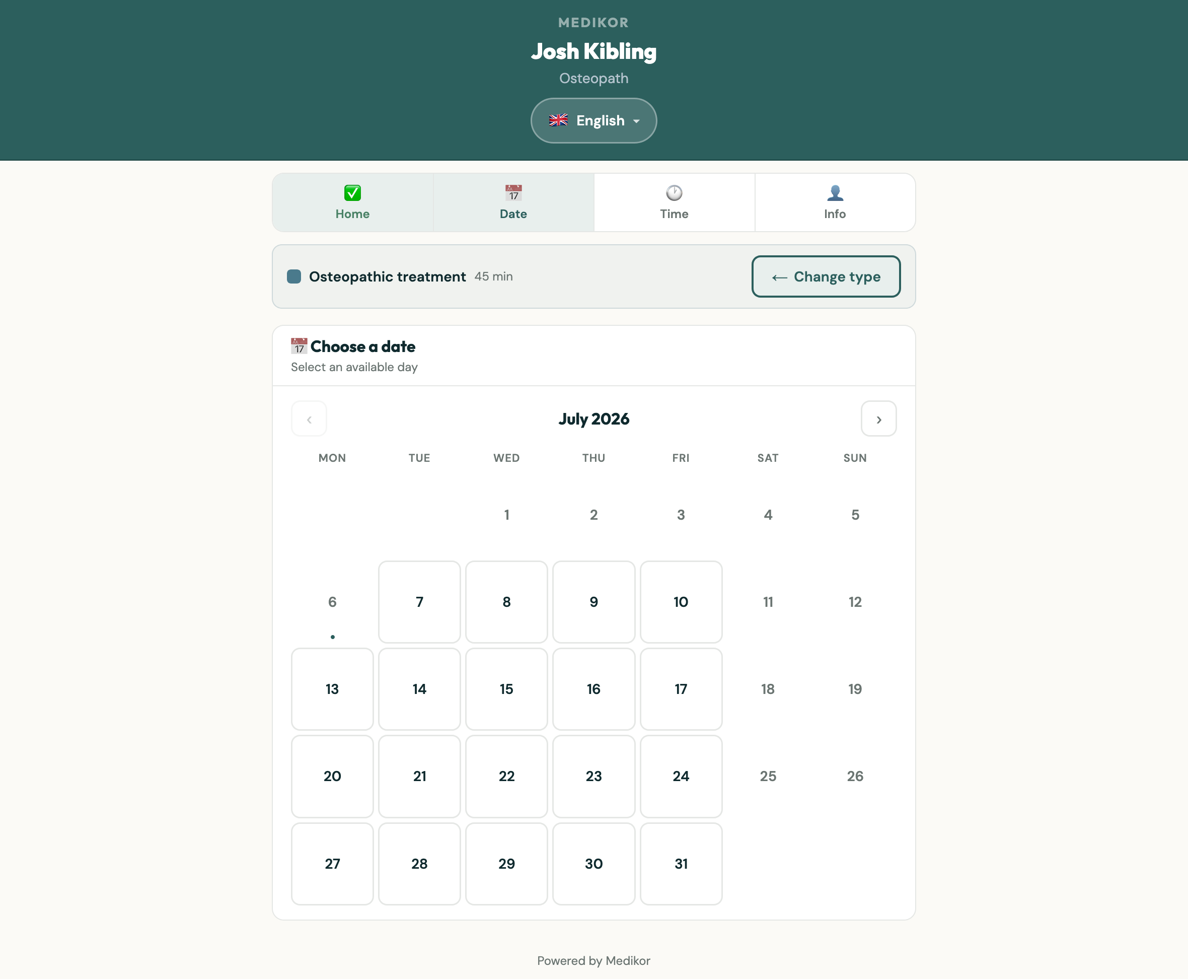 Medikor public booking calendar — patients pick an available date and time slot